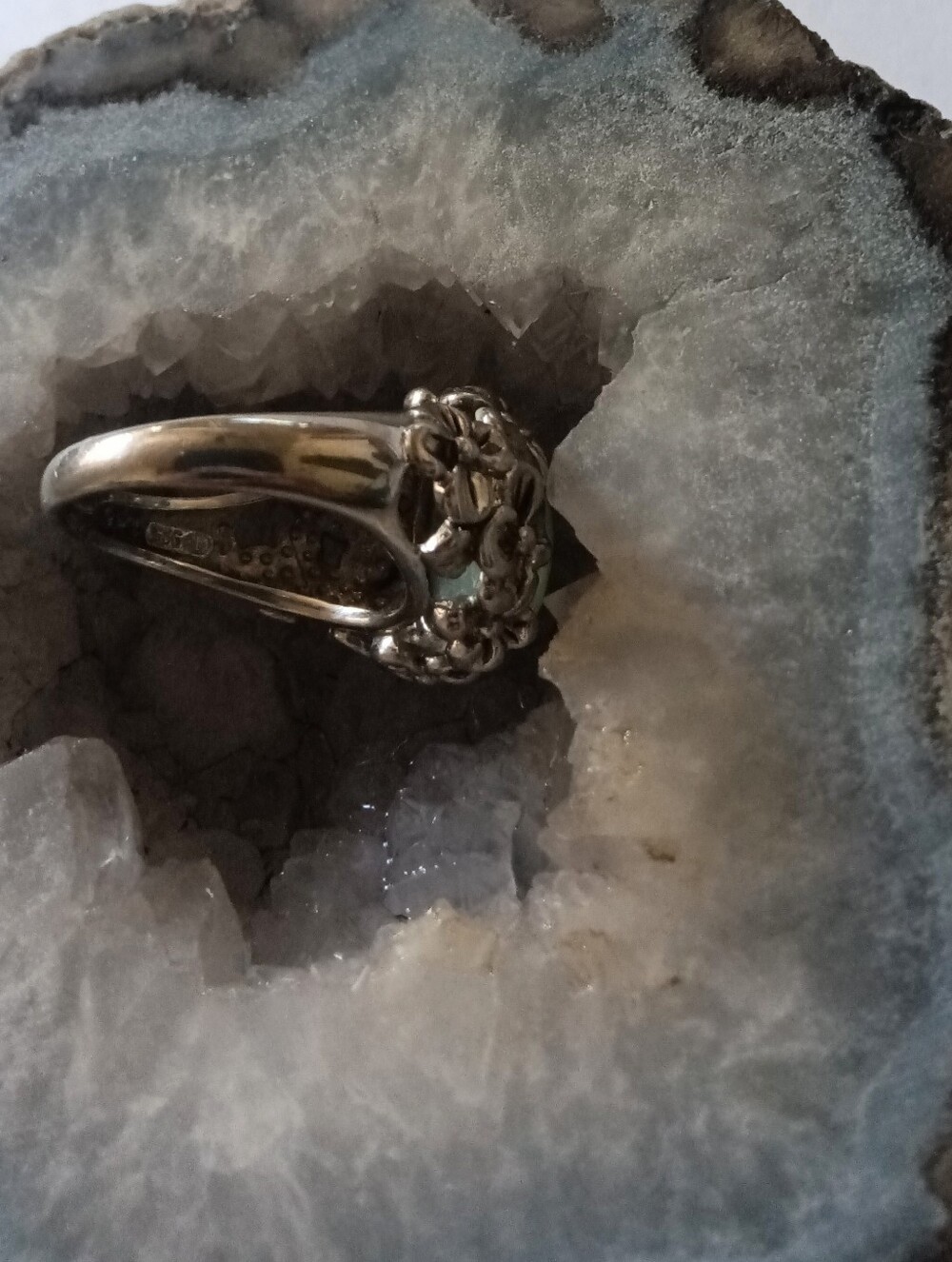 Sterling Silver 925 Oval Green Jade Flower Ring Size 7.5 - Picture 7 of 8